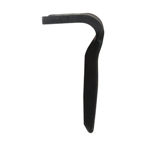 The Sparex Power Harrow Blade 100x18x320mm LH, featuring a black, curved metal design with a pointed end and flat, beveled surface, is an easy-fit replacement for Kverneland. It includes hole centers with a diameter of 18.5mm and fits as MA44000151 (Sparex Part No.S.22926).