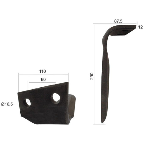 Two views of a Sparex Power Harrow Blade 110x12x290mm LH, replacement for Feraboli (SKH & MF), with precise measurements labeled. One view shows the front and the other shows the side. The numbers indicate various dimensions in millimeters, including hole centers at 60mm and a hole diameter of 16.5mm.