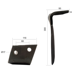 Power Harrow Blade 110x14x300mm LH. Hole centres: 60mm. Hole⌀ 17mm. Replacement forAlpego.
 - S.78217 - Massey Tractor Parts