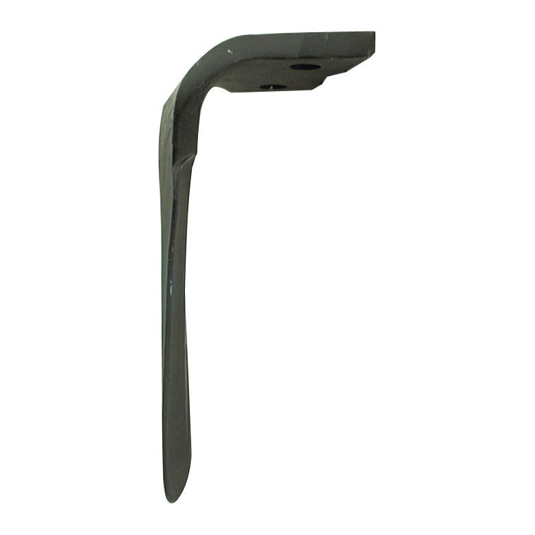 Close-up of a green, L-shaped metal bracket with a smooth finish, featuring a right-angled bend and a flat surface with holes for mounting. Perfect as the Power Harrow Blade 110x16x300mm LH from Sparex, designed to replace Kuhn component 52539500 (Sparex Part No.S.77258), with hole centers spaced at 68mm and hole Ø 17.5mm.