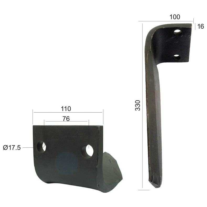 Power Harrow Blade 110x16x330mm LH. Hole centres: 76mm. Hole⌀ 17.5mm. Replacement forDowdeswell.
 - S.77212 - Massey Tractor Parts