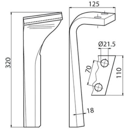Power Harrow Blade 110x18x320mm RH. Hole centres: 70mm. Hole⌀ 21.5mm. Replacement forLemken.
 - S.59760 - Massey Tractor Parts