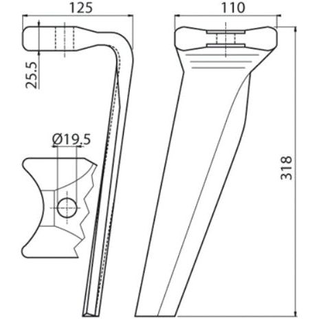 The technical drawing showcases dimensions and measurements of the Sparex Power Harrow Blade 110x25.5x318mm RH, featuring multiple views. Lengths are detailed as 125mm, 110mm, and 318mm with a hole diameter of 19.5mm.