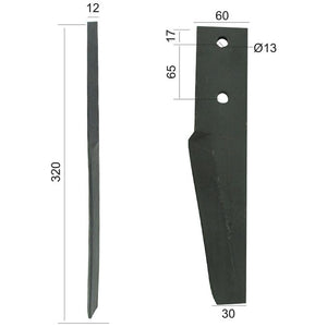 Power Harrow Blade 60x12x320mm . Hole centres: 65mm. Hole⌀ 13mm. Replacement forPerugini (Concept-Ransome).
 - S.77314 - Massey Tractor Parts