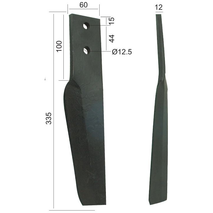 Power Harrow Blade 60x12x335mm LH. Hole centres: 44mm. Hole⌀ 12.5mm. Replacement forMaschio.
 - S.77277 - Massey Tractor Parts