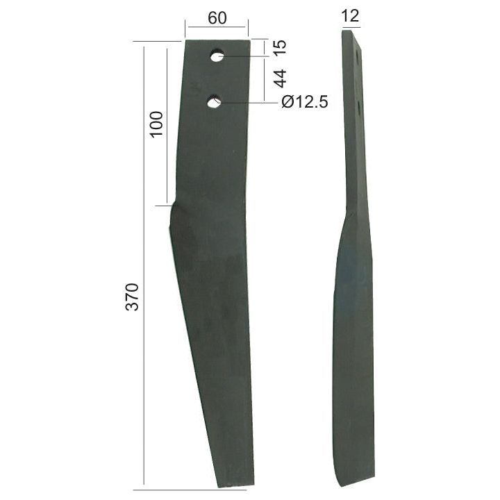 Two black metal Power Harrow Blades from Sparex, measuring 370mm in length, 60mm in width, and 12mm in thickness. The blades feature attachment holes positioned 44mm and 15mm from the top, with a hole diameter of 12.5mm. These are ideal as LH replacements for Maschio equipment and fit Sparex Part No.S.77279 (also known as part number 10100265).