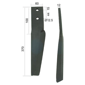 Power Harrow Blade 60x12x370mm RH. Hole centres: 44mm. Hole⌀ 12.5mm. Replacement forMaschio.
 - S.77278 - Massey Tractor Parts