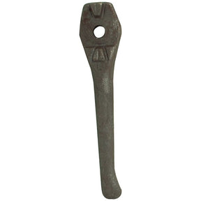 An aged, rusted metal tool featuring a hexagonal upper part with a hole and a slightly curved handle, possibly designed for use with Universal Tractors, may closely resemble the Power Harrow Tine 340mm LH-Replacement for Lely, identified by Sparex Part No. S.77572.