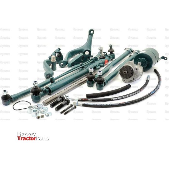A collection of tractor parts, including hydraulic tubes, connectors, bolts, and an alternator is displayed on a white background. The parts are labeled "Massey Tractor Parts," and feature options for Ford / New Holland 2000 models. Notably included is the Sparex Power Steering Conversion Kit (Sparex Part No.S.60747) designed for use with double arm type steering boxes but not as an original type kit.