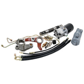 A collection of diverse mechanical components, including hoses, rods, brackets, and fittings arranged on a white background, ideal for your Sparex Power Steering Conversion Kit (A4.212 Only) - Part No. S.40129.
