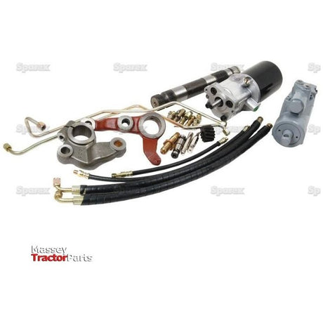 A collection of tractor parts, including hoses, fittings, and a hydraulic cylinder, displayed on a white background. The text "Massey Tractor Parts" is visible in the lower left corner. Featured items include Massey Ferguson components and the Sparex Power Steering Conversion Kit - A4.212 Only (Part No.S.40129).