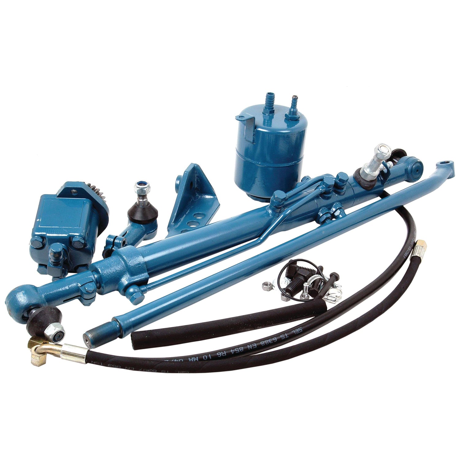 A set of blue hydraulic steering components, including a cylinder, hoses, and fittings, laid out on a white background—ideal for use in a Ford / New Holland 4000 or 4600 as part of your Sparex Power Steering Conversion Kit (Not Original Type Kit), Part No. S.66029.