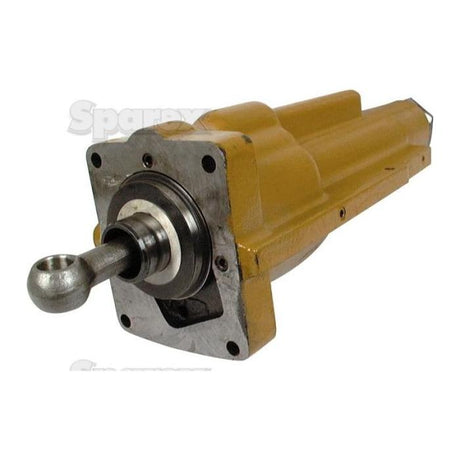 A Sparex Power Steering Cylinder (Sparex Part No. S.60159) features a yellow hydraulic cylinder with a metal rod end, viewed from the rod end side. The base of the cylinder, similar to those used in Massey Ferguson Power Steering Assemblies, includes a square mounting plate with bolt holes.
