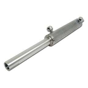 The Power Steering Cylinder (Sparex Part No.S.74756) by Sparex is a silver metallic hydraulic cylinder with fittings at both ends and a threaded section at the bottom, set against a plain white background. It is compatible with Ford New Holland systems for versatile utility.