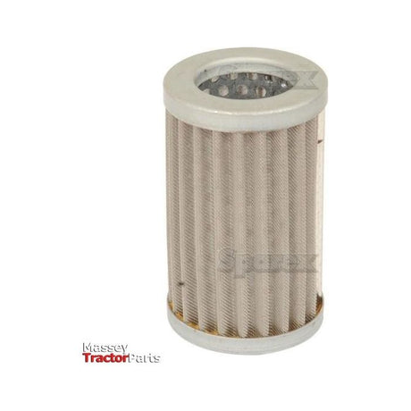 A cylindrical metal mesh filter with a circular top and bottom, featuring fine pleating for effective filtration. The text "Massey Tractor Parts" is displayed in the bottom left corner. Compatible with Massey Ferguson models, the Sparex Power Steering Filter - Element (Part No.S.40158) is ideal for maintaining optimal power steering performance.