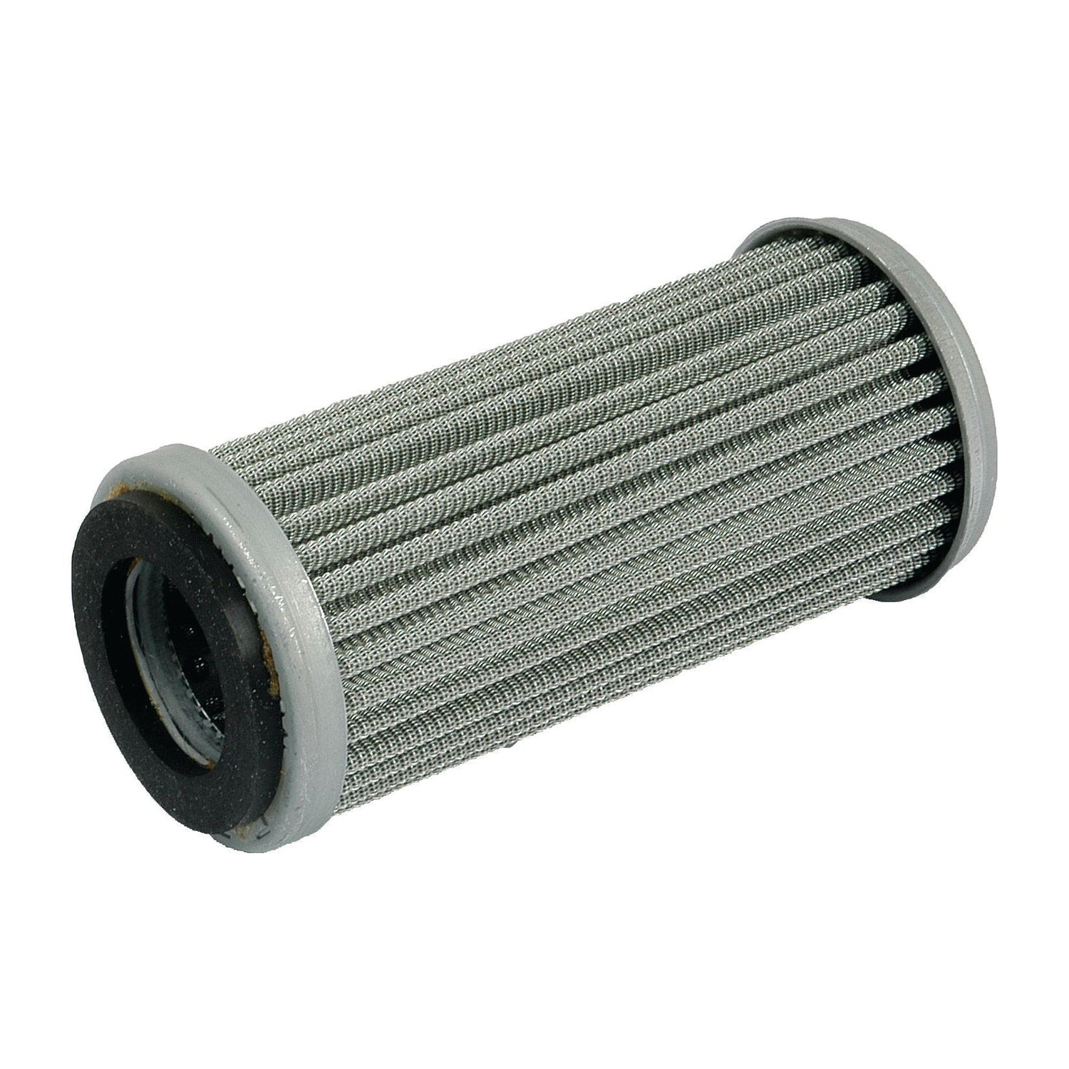 A cylindrical metal mesh filter with gray end caps and a ribbed surface, known as the Power Steering Filter - Element | Sparex Part No. S.62332 by Sparex, is likely used for filtering fluids or air in mechanical systems, such as those found in Case IH power steering units.