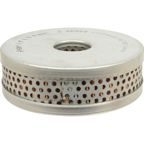 Round metal filter with perforated sides and a central circular opening, compatible with Case IH / International Harvester models. This filter is labeled "Sparex Power Steering Filter - Element | Sparex Part No. S.66559" along with a sequence of numbers.