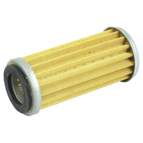 A Sparex Power Steering Filter - Element (Part No. S.76595) for Landini and Massey Ferguson tractors, featuring a cylindrical, pleated yellow paper filter with gray metal end caps.