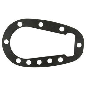The Power Steering Gasket by Sparex (Part No. S.66375) is an oval-shaped, black gasket featuring multiple holes for bolts around its perimeter, designed to serve as a steel alternative in power steering systems for Ford/New Holland machinery.
