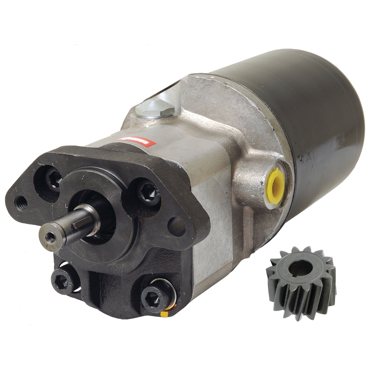 Image of the Sparex Power Steering Hydraulic Pump (Part No. S.40150), featuring a metal hydraulic motor with a black cylindrical casing and a small accompanying gear on the right side, ideal for Massey Ferguson tractors.