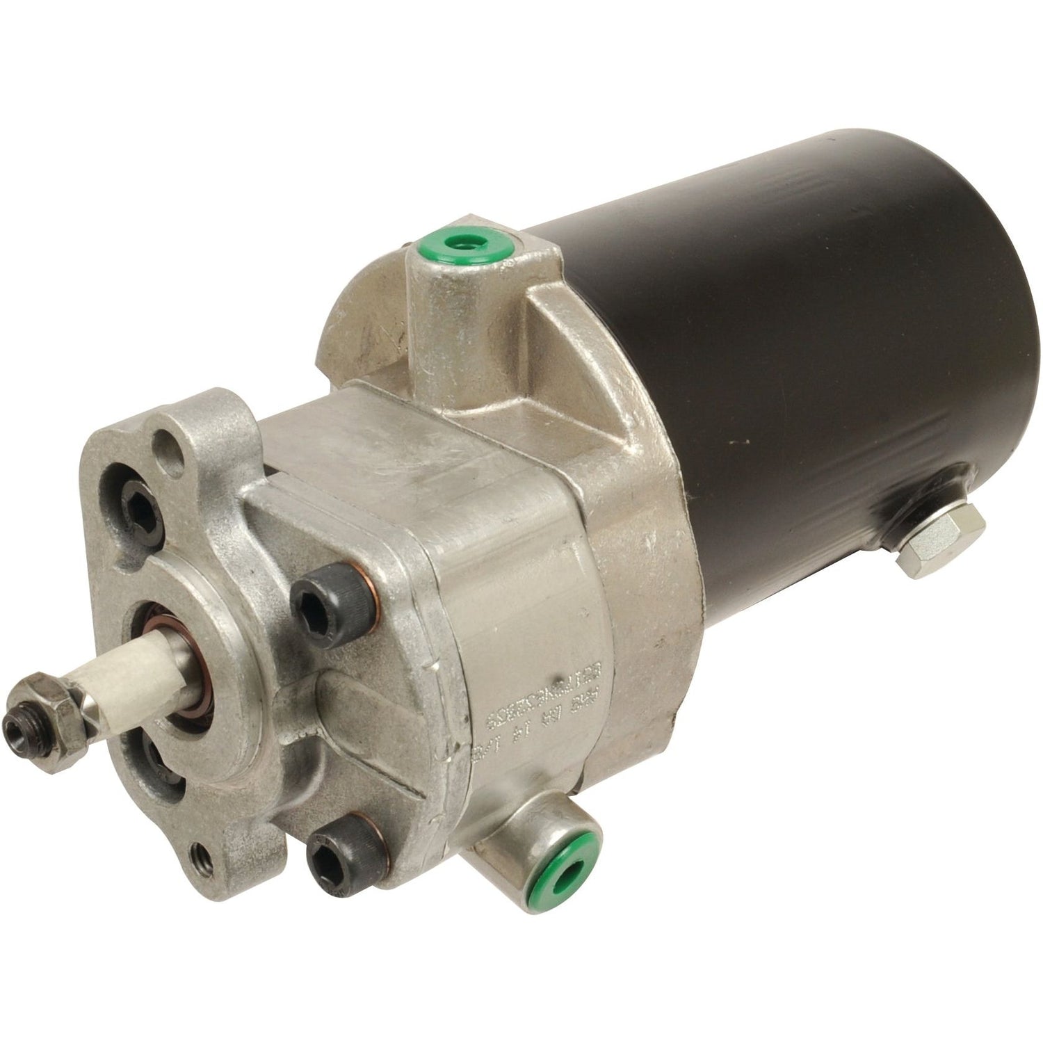 A Power Steering Hydraulic Pump (Sparex Part No.S.42709) with a cylindrical black body and metallic gear housing, featuring green and silver components, ideal for Landini and Massey Ferguson tractors.