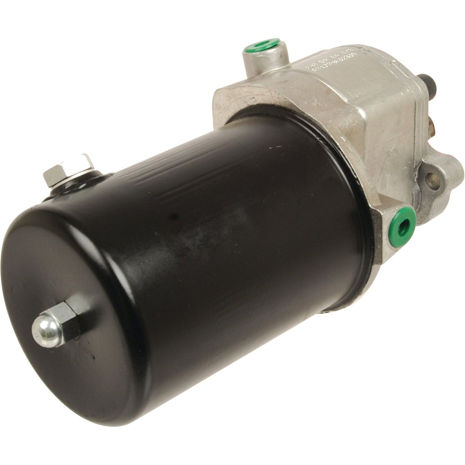A cylindrical mechanical component with black and metallic parts, featuring connectors and bolts, typically used in automotive or machinery applications such as a Massey Ferguson power steering pump, known as the Sparex Power Steering Hydraulic Pump (Part No. S.42709).