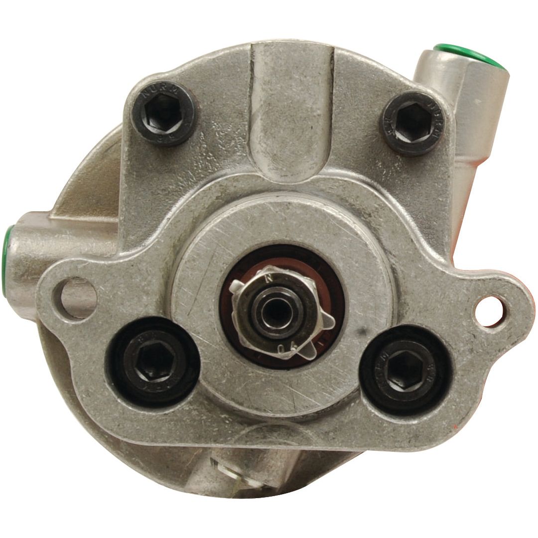 Close-up of the Power Steering Hydraulic Pump by Sparex (Part No.S.42709), featuring several bolts, a central nut, and cylindrical extensions, similar to those found on Massey Ferguson tractors or Landini power steering pump systems.