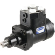 Image of a black, cylindrical Power Steering Motor (Sparex Part No. S.67898) with multiple ports and a blue Sparex label on one side. The motor features a metallic shaft protruding from one end and four white caps on top, designed to fit seamlessly with various motor fittings for Ford New Holland machinery.