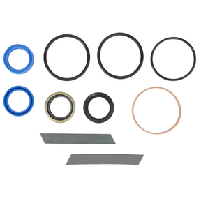 Various sizes of black, blue, and metallic rings, along with two rectangular metallic strips arranged on a white background, evoke the precision of AGCO's high-quality Massey Ferguson Power Steering Pump Seal Kit - 3488643M91.