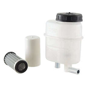 A Sparex Brake Fluid Reservoir (Part No. S.62436) with a black screw cap is positioned next to a cylindrical filter and a white Case IH cylindrical casing on a white background.