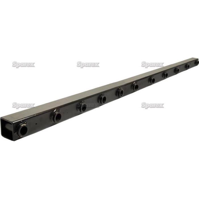 A 2100mm long black metal bar with multiple circular holes along one side, labeled "Pre Bushed Tube" by Sparex (Part No. S.110577), featuring a welded bush fitting for added durability.