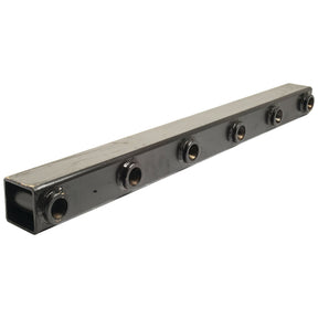 The Sparex Pre Bushed Tube, model S.79658, is a 990mm long rectangular black metal manifold with six evenly spaced cylindrical ports and front loader frames for enhanced support.