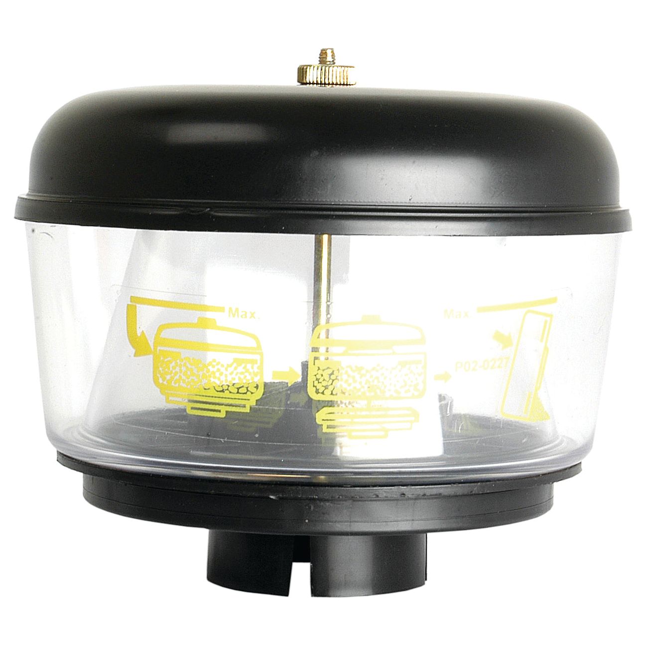 The Sparex Pre Cleaner - Universal - S.41393, a transparent plastic fuel filter with black top and bottom components, features yellow stickers with instructions and markings designed to prevent machinery downtime.