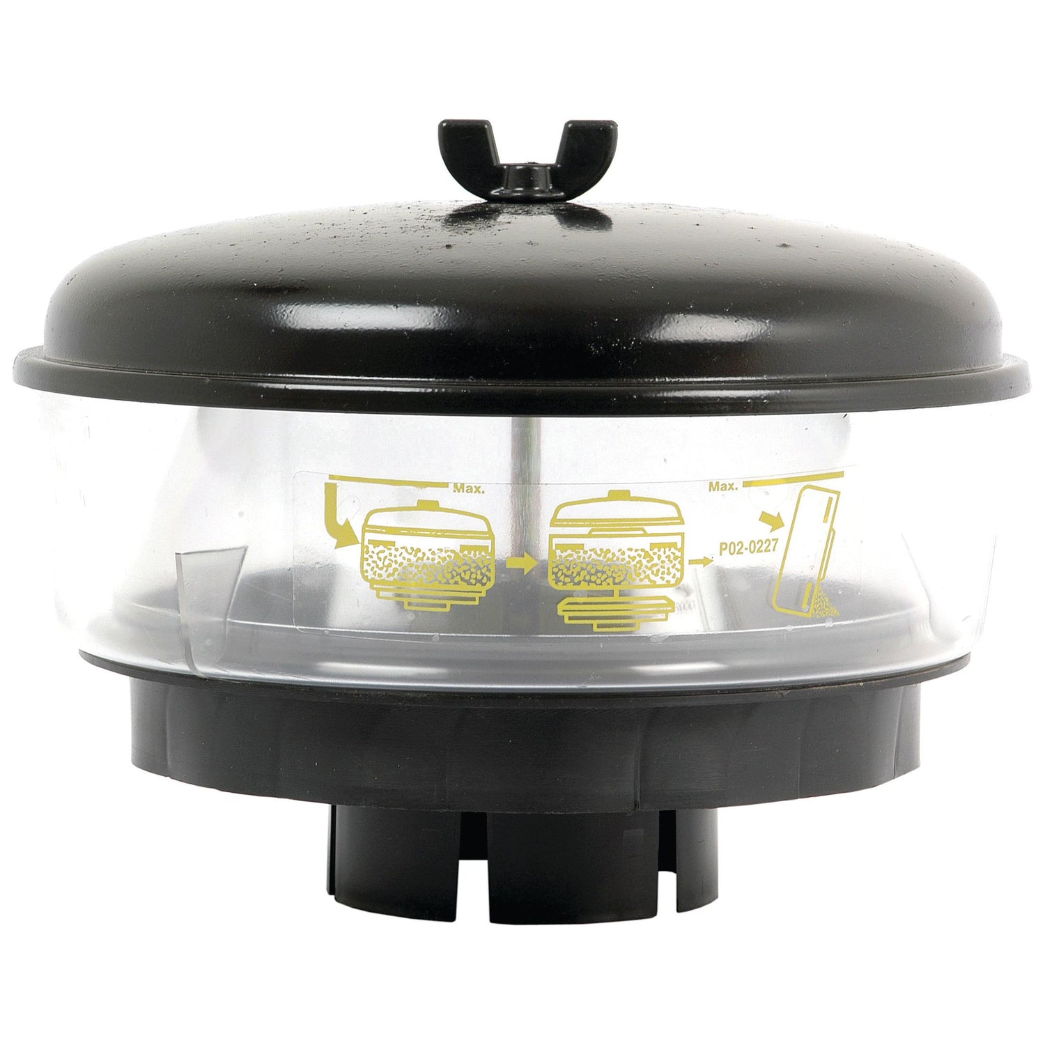 The Sparex Pre Cleaner - Universal - S.41394, a black and transparent plastic air pre-cleaner with indicator markings and attachment base, helps reduce machinery downtime.