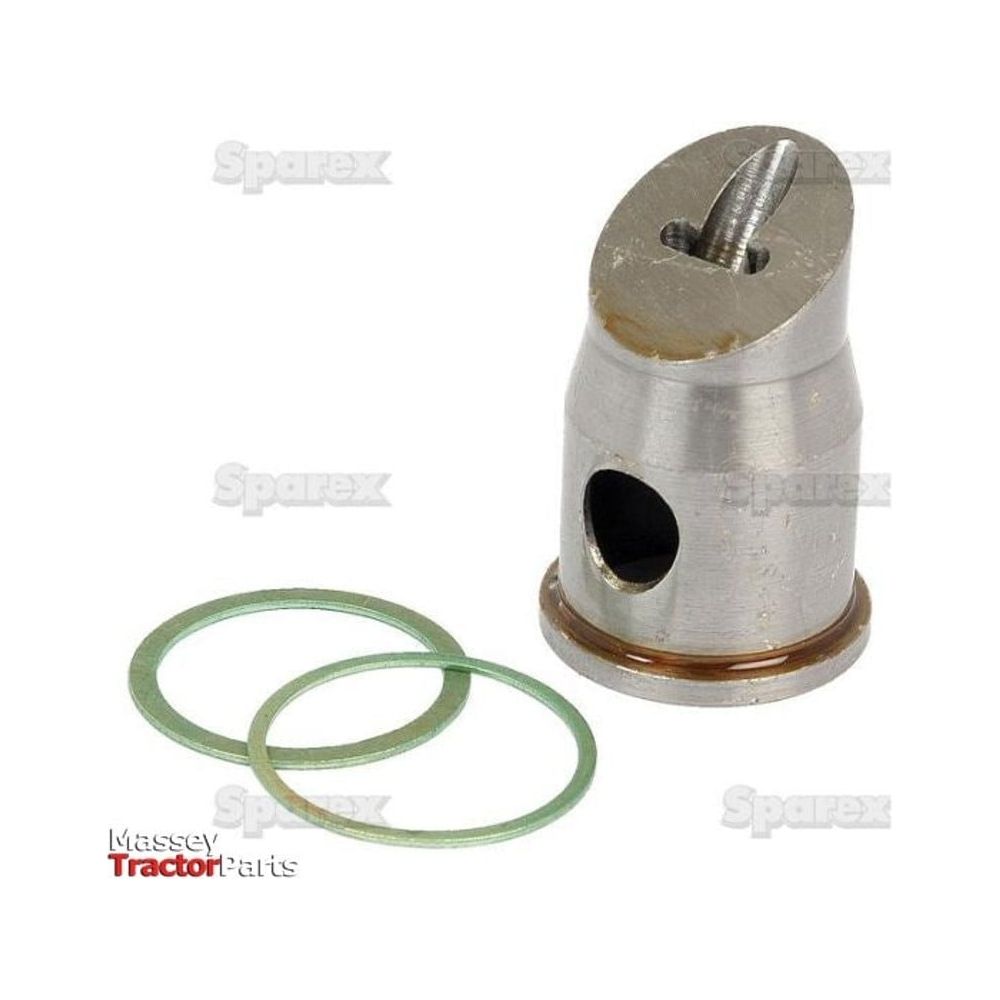 The Pre Combustion Chamber (Sparex Part No. S.57366) by Sparex is a metal component featuring a hole, an angled top with a screw, and comes with two green circular gaskets. The text overlay includes "Massey Tractor Parts" and "Sparex," making it ideal for use in International Harvester machinery.