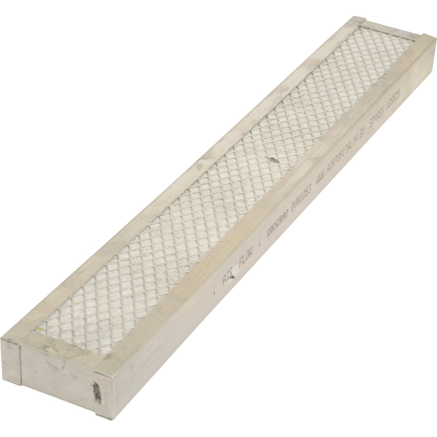 The Pre Filter | Sparex Part No.S.105529 from Sparex is a rectangular metallic air filter with a mesh grille, labeled with directional instructions and specifications, and includes a carbon media layer for enhanced efficiency.