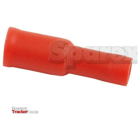 The image showcases a red cylindrical Pre Insulated Bullet Terminal, Female, 4.0mm (0.5 - 1.5mm) - S.12410 by Sparex on a white background. Text in the image reads "Sparex" and "Massey Tractor Parts." This durable connector supports up to 300V and 10Amps within a specified temperature range.