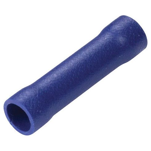 Image of a Sparex Pre Insulated Inline Terminal (Part No. S.8550) in blue with a standard grip, used for joining electrical wires end-to-end.