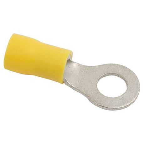 The Sparex Pre Insulated Ring Terminal (Sparex Part No. S.8551) is a 6.4mm yellow insulated ring terminal connector featuring a metal ring on one end and a Yellow Standard Grip plastic sleeve on the other, with a design capacity to handle up to 48 Amps.
