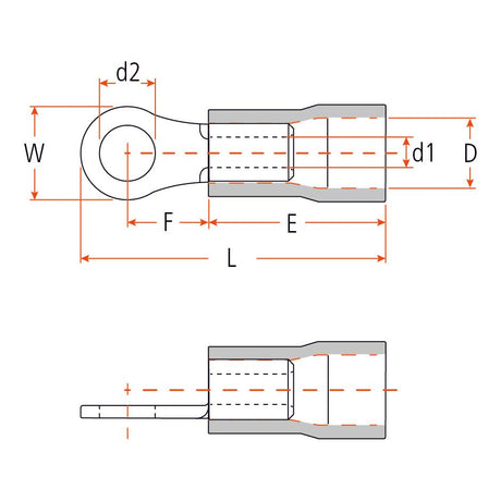 Technical drawing of the Pre Insulated Ring Terminal, Sparex Part No. S.8552, with dimensions marked. The diagram shows two views of the component, annotated with measurements labeled as d1, d2 (8.4mm), D, W, F, E, and L. The standard grip points are highlighted in yellow for clarity.

Brand Name: Sparex