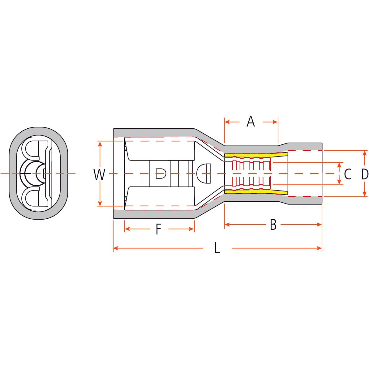 A technical diagram of a Pre Insulated Spade Terminal - S.8545 from Sparex, with labeled dimensions: W, F, L, D, C, B, and A. The 15 Amps and 300 V-rated diagram includes a cross-sectional view and a side view of the connector.