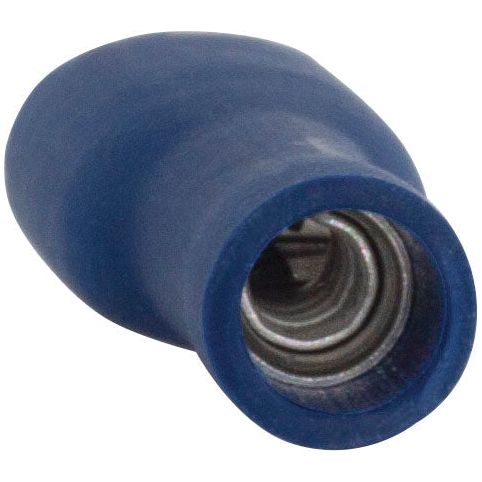 Close-up image of the Sparex Pre Insulated Spade Terminal - S.8545, featuring a blue crimp type connector with a coiled metal interior, rated at 300V and 15Amps.