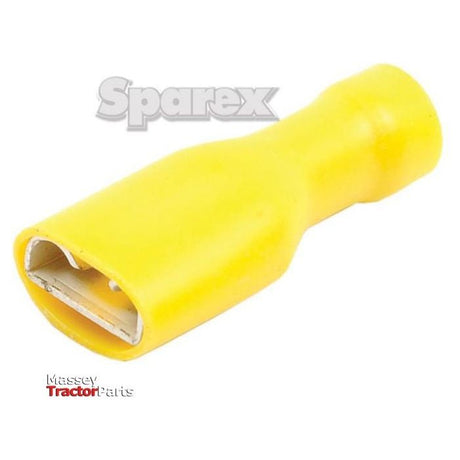 A yellow Pre Insulated Female Spade Terminal, 9.5mm and fully insulated with a standard grip (4.0 - 6.0mm), displayed on a white background alongside "Sparex" and "Massey Tractor Parts" logos, rated for 24 Amps and 300V with a temperature range of -10°C to +75°C (Product Code: S.26199).