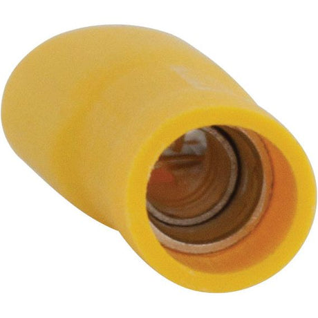 Close-up of a Sparex Pre Insulated Spade Terminal - Fully Insulated, Standard Grip - Female, 9.5mm, Yellow (4.0 - 6.0mm), S.26199, showing the open threaded end. Rated for 24 Amps and capable of withstanding up to 300V, it operates efficiently within a temperature range of -10°C to +75°C.