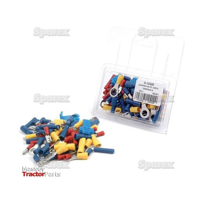 A pile of assorted electrical connectors and an open Sparex plastic package containing a Pre Insulated Terminal Kit, Standard Grip Assorted (Agripak 80 pcs.) - S.12420.