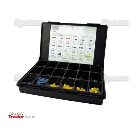 The Pre Insulated Terminal Kit, Standard Grip Assorted (Compak 450 pcs.) from Sparex (Part No. S.14331), is a black organizer box containing various electrical connectors and terminals, including Yellow Blade Connectors and Red Cable Joiners, in different compartments. A label on the inside of the lid lists specifications and part numbers.