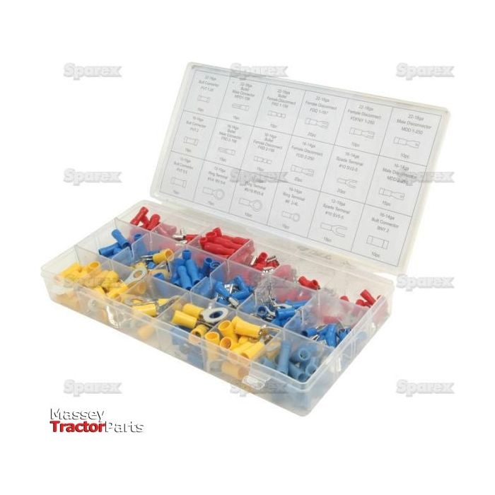 The Sparex Pre-Insulated Terminal Kit, Standard Grip Assorted (Handipak 260 pcs.) features a plastic organizer box with 260 pre-insulated terminals in assorted colors and sizes, organized in labeled compartments and equipped with a transparent lid showcasing the Sparex logo.