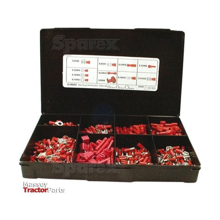 The Sparex Pre Insulated Terminal Kit, Standard Grip Red (Handipak 430 pcs.), features a black plastic Handipak case with multiple compartments, each filled with an assortment of red and silver pre-insulated terminals and connectors. The inside of the lid includes a labeled diagram for easy reference.