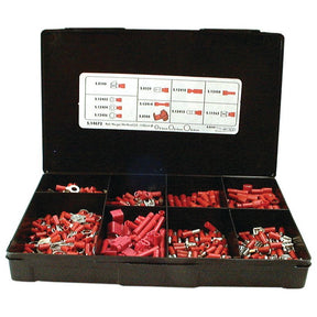 The Sparex Pre Insulated Terminal Kit, Standard Grip Red (Handipak 430 pcs.), part number S.14672, is a black plastic compartment box containing assorted red and silver pre-insulated electrical crimp terminals, with a guide label on the inner lid showing different types and sizes.