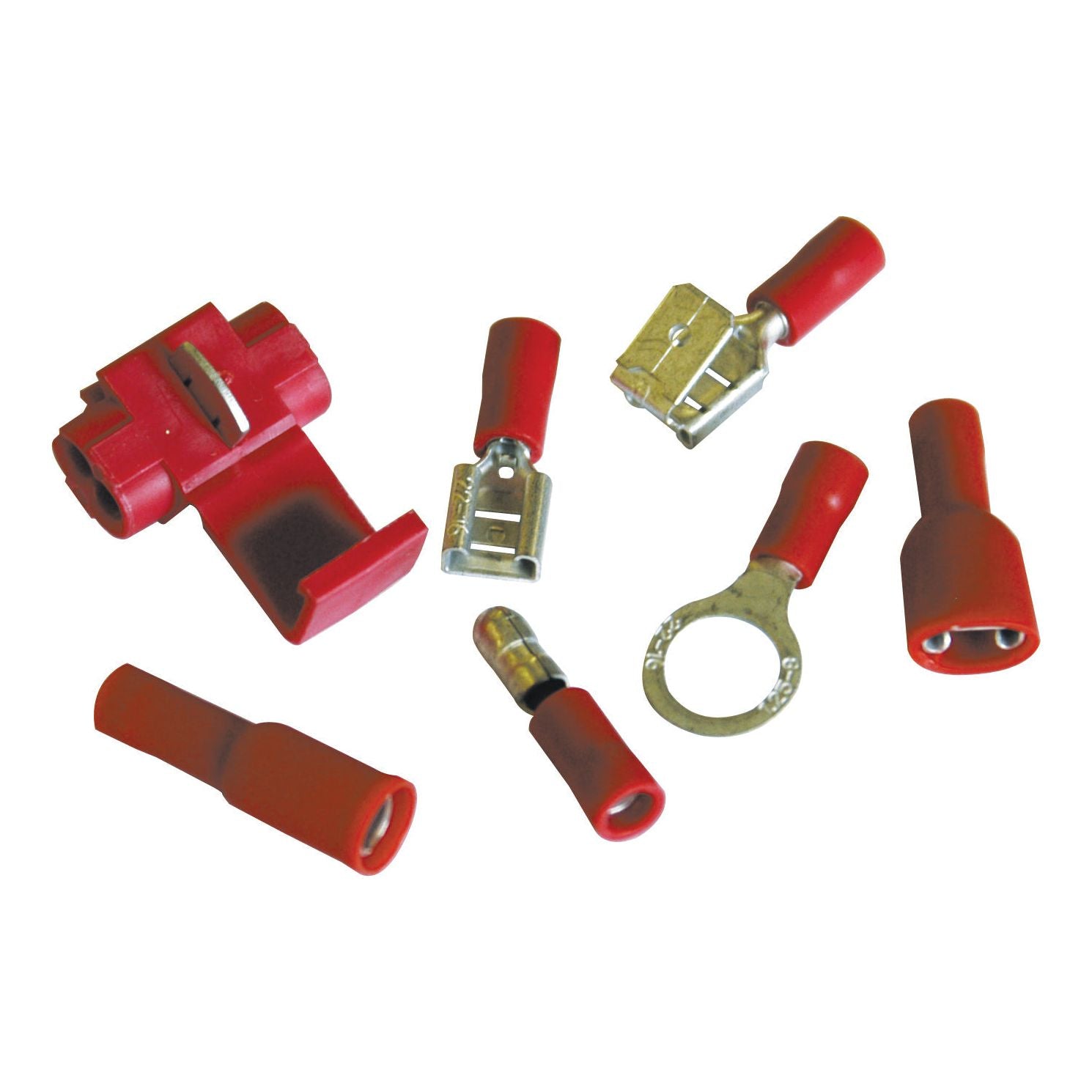 The Sparex Pre Insulated Terminal Kit, Standard Grip Red (Handipak 430 pcs.), also known as Sparex Part No. S.14672, features a collection of various red electrical connectors, including spade, ring, and quick splice types, all neatly arranged on a white background.